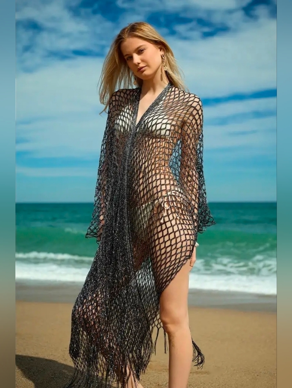 SAACHI Black Metallic Shimmering Thread Crochet Open Cardigran NIP$130